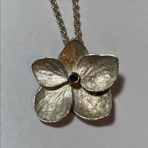 Sterling Silver Hydrangea Flower Blue Sapphire Center Pendant Necklace
